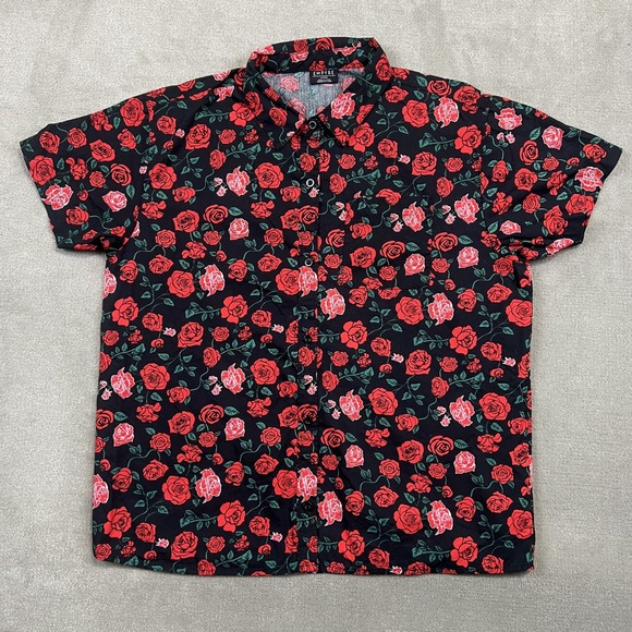 Empyre Womens Large Black Red Rose Floral Button Up Short Sleeve Cotton Shirt — photo 2